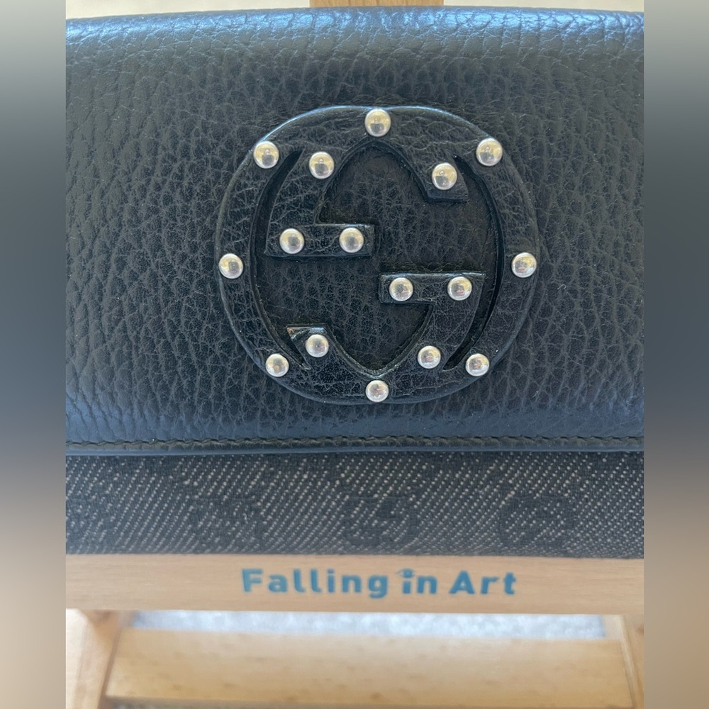 GUCCI Wallet Interlocking G Studs Long GG Canvas & Leather Black Bifold - Picture 3 of 17